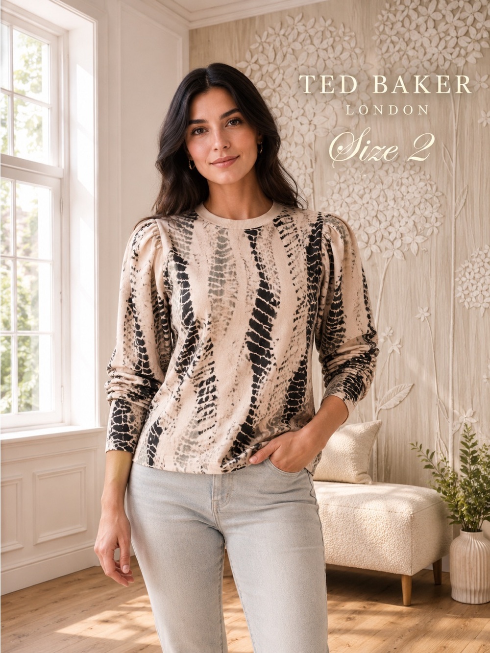 Ted Baker Snake Print Puff Sleeve Top Size 2
